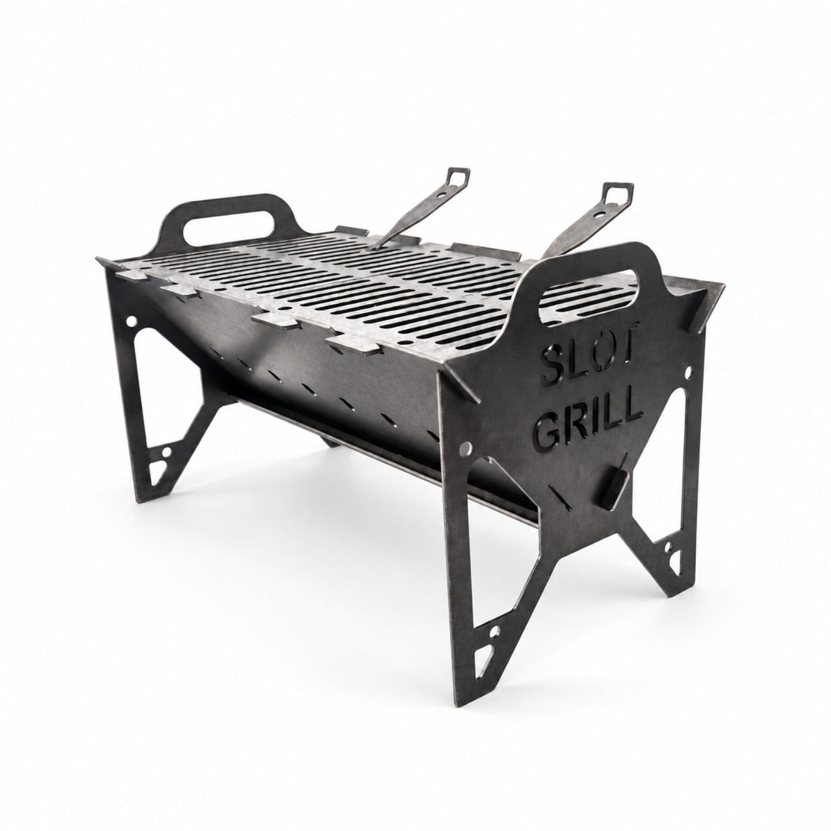 Slot Grill collapsible charcoal grill, front three-quarter view