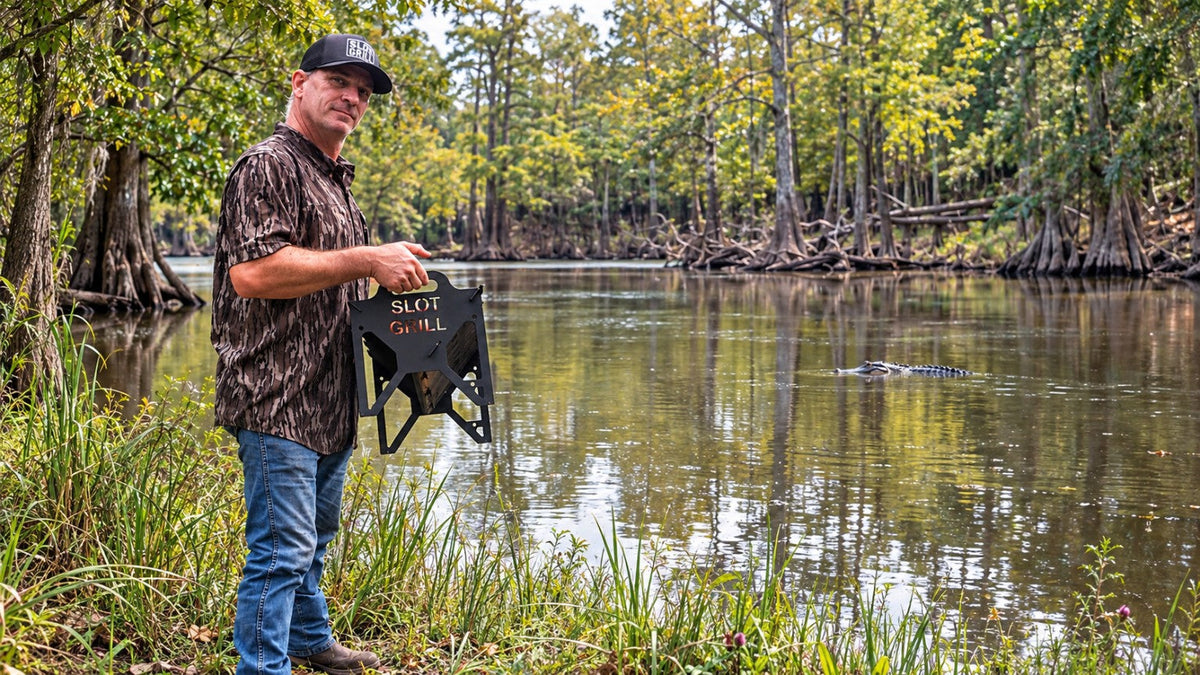 Keith holding a folded Slot Grill beside a Southeast Texas bayou with an alligator in the water