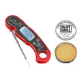 Slot Grill Seasoning Balm lid label and open tin beside a red instant-read digital meat thermometer on a white background