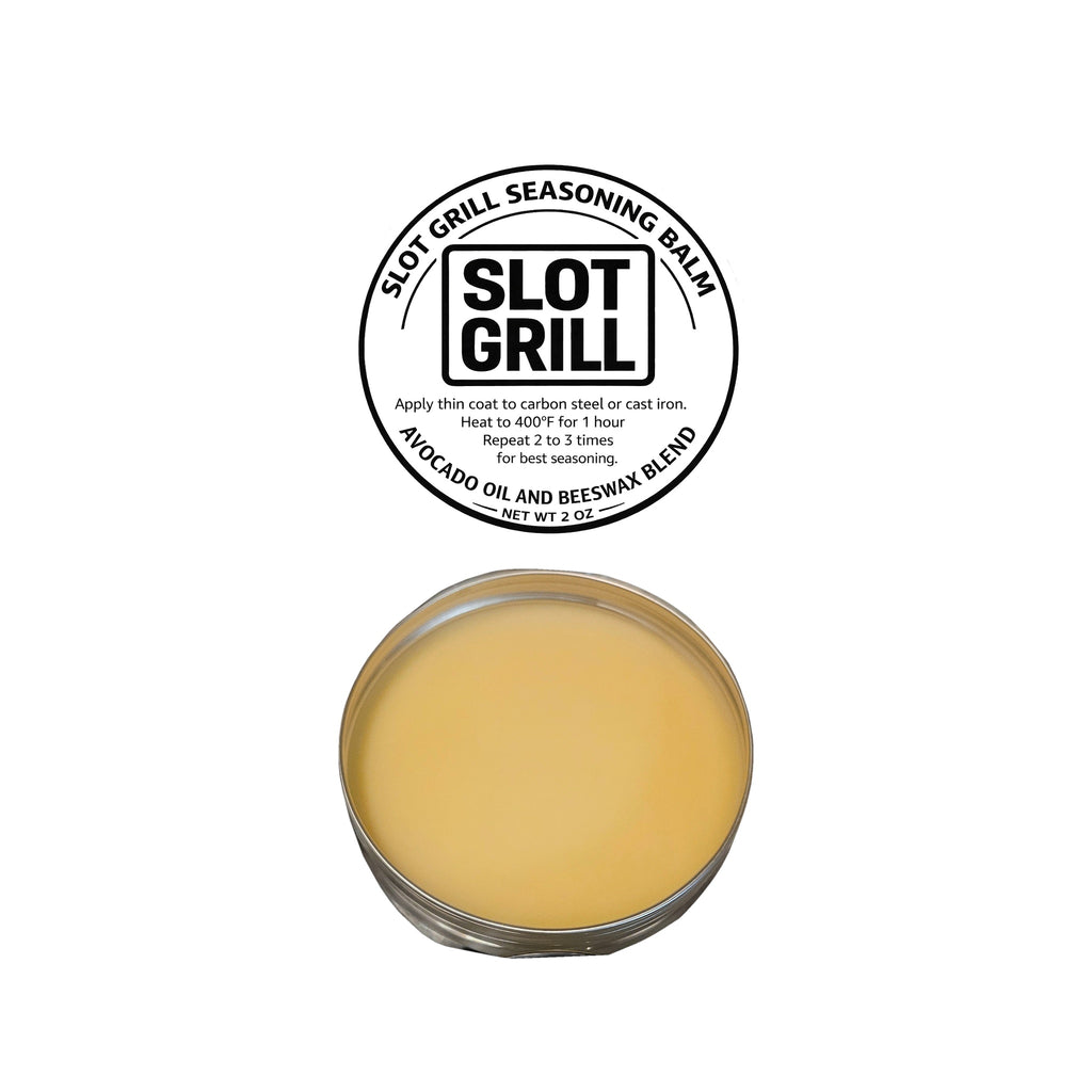 Slot Grill Seasoning Balm lid label and open tin on a white background
